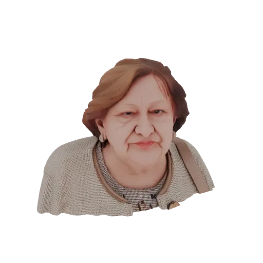 Рендер 3D модели бюста пожилой женщины с реалистичными деталями лица и в кардигане.
