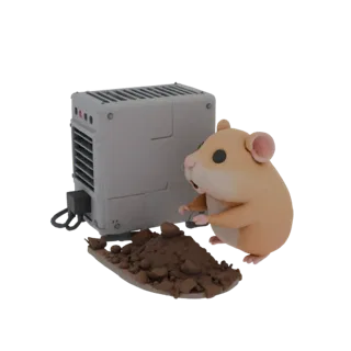 3D-модель джунгарского хомяка в мультяшном стиле, копающего землю рядом с ASIC-майнером, на подложке.