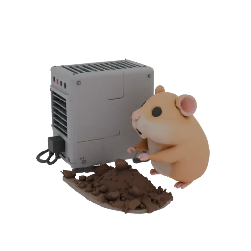 3D-модель джунгарского хомяка в мультяшном стиле, копающего землю рядом с ASIC-майнером, на подложке.