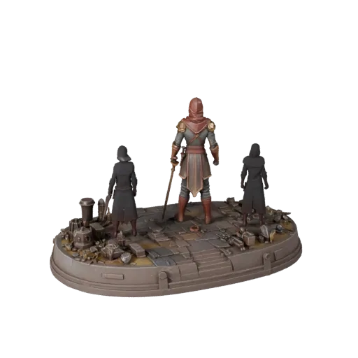Предпросмотр высокополигональной 3D-модели виньетки битвы в подземелье, показывающий слои, студийный вид крупным планом, глуб