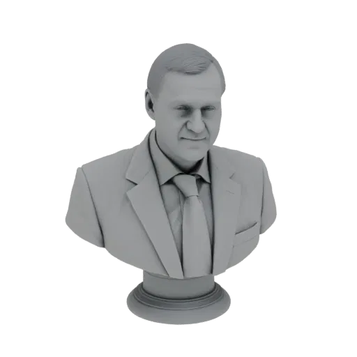 Рендер 3D модели серого бюста мужчины в костюме и с галстуком на белом фоне.
