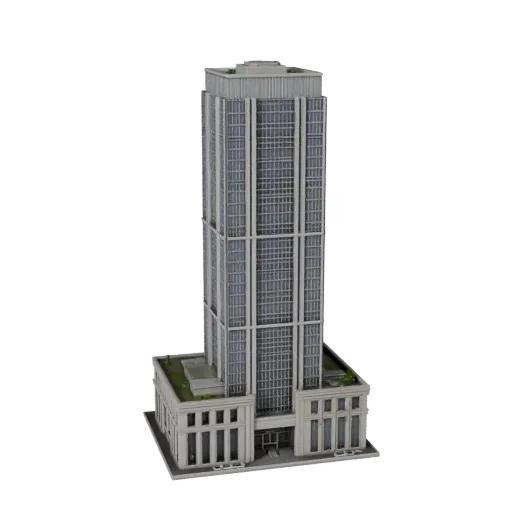 Роскошный небоскреб-башня, низкополигональная 3D модель, готовый к игре экстерьер, демонстрирующий материалы коммерческого оф