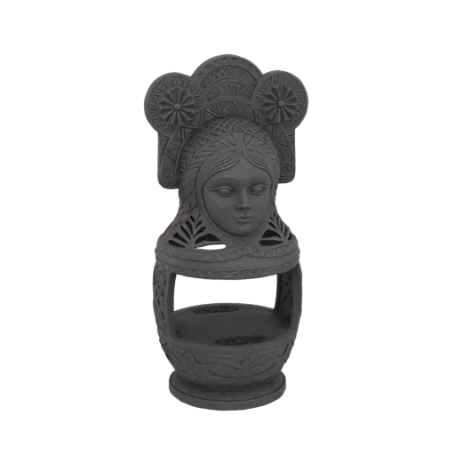 Рендер 3D модели темно-серой скульптуры славянской женской головы с замысловатым головным убором и узорами.