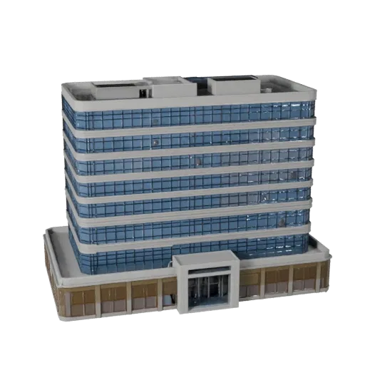 Стилизованная 3D модель штаб-квартиры, изометрический вид стилизованного игрового окружения, показывающий материалы коммерчес