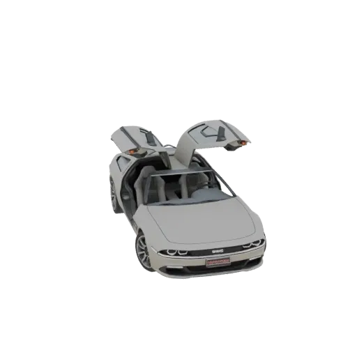 3D модель серебристого DeLorean DMC-12 1980-х с открытыми дверями "крыло чайки", вид спереди справа под небольшим углом.