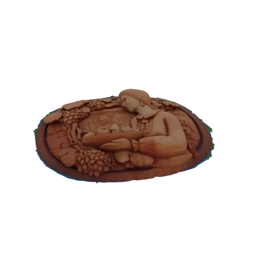 3D модель овального барельефа с женщиной, держащей корзину фруктов, с виноградом и лозами вокруг нее.