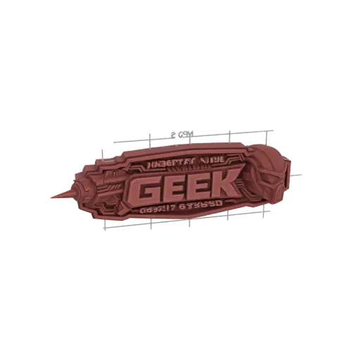 Рендер 3D модели красного металлического знака Sci-Fi со словом GEEK, написанным футуристическим шрифтом, с детализированными