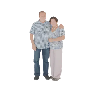 3D модель мужчины и женщины в объятиях, оба нежно улыбаются, на белом фоне.