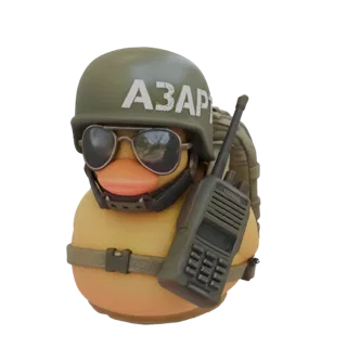 3D модель желтой утки в зеленом военном шлеме, очках и с тактическим радио, с видимым рюкзаком.
