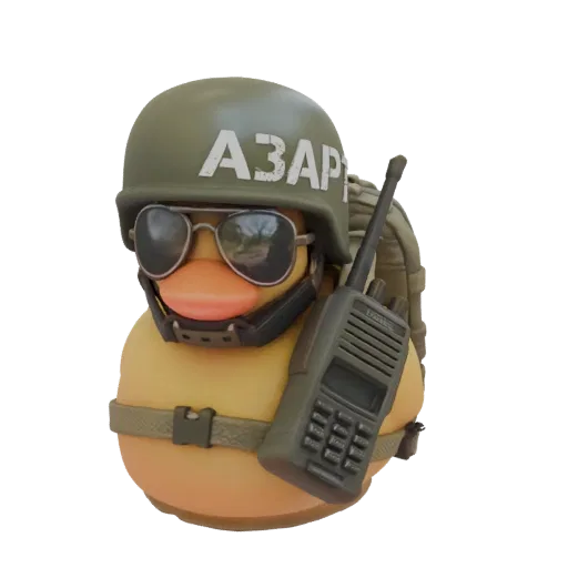 3D модель желтой утки в зеленом военном шлеме, очках и с тактическим радио, с видимым рюкзаком.