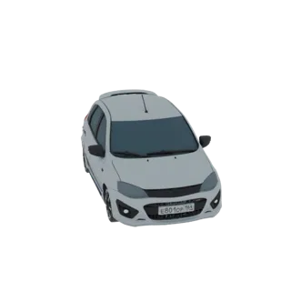 3D модель белого автомобиля-хэтчбека с номером E801OP 164, вид спереди в три четверти.