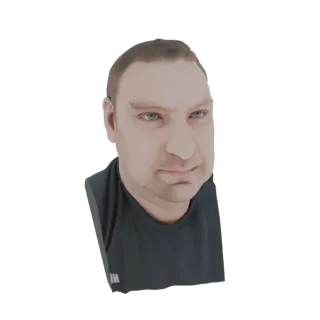 Рендер 3D модели реалистичной мужской головы и плеч, слегка повернутой вправо, с голубыми глазами и в темной футболке.