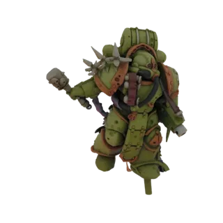 3D модель Морского пехотинца Нургла из Warhammer 40,000, держащего морской цеп, с зеленой броней и коричневыми акцентами.