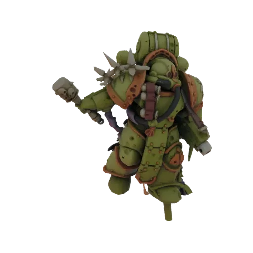 3D модель Морского пехотинца Нургла из Warhammer 40,000, держащего морской цеп, с зеленой броней и коричневыми акцентами.