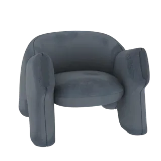 3D модель темно-серого плюшевого кресла с округлым, привлекательным силуэтом и мягкой бархатистой текстурой, на белом фоне.