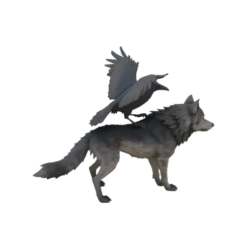 3D модель волка с вороном на спине, выполненная в реалистичном стиле, с детализированной шерстью и распахнутыми крыльями воро