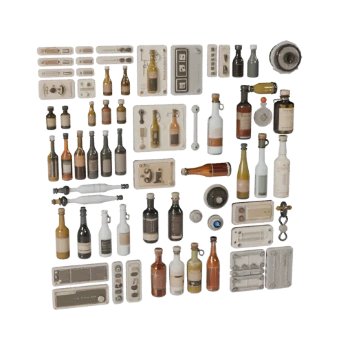 Модульная 3D-модель Urban Bottle Group, изометрический вид модульного набора, показывающий бумажные карточки, мелкие читаемые