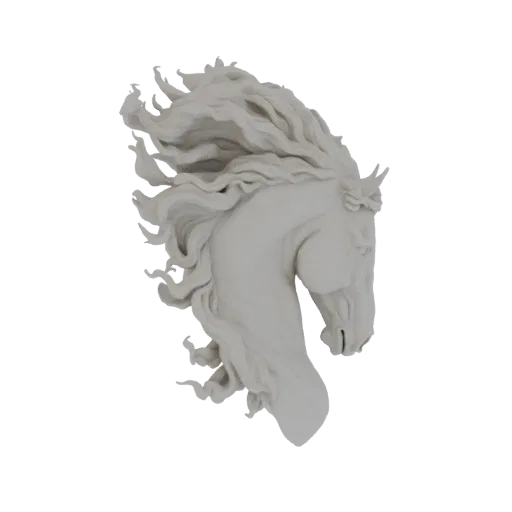 3D модель белой скульптуры головы лошади с развевающейся гривой, изолированная на белом фоне.