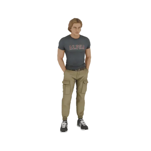 3D модель молодого человека со светлыми волосами, в серой футболке 'ALPHA' и хаки карго штанах, стоит с руками в карманах.