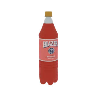 3D модель красной бутылки вишнёвой газировки Blazer с желтой крышкой и этикеткой 'BLAZER' и 'ВИШНЯ'.
