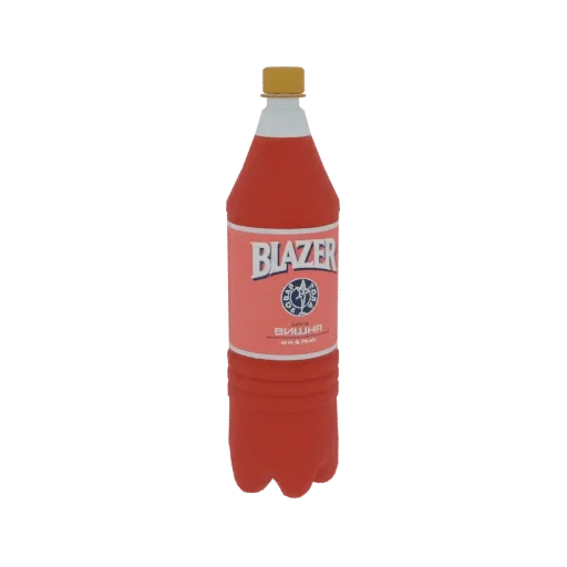 3D модель красной бутылки вишнёвой газировки Blazer с желтой крышкой и этикеткой 'BLAZER' и 'ВИШНЯ'.