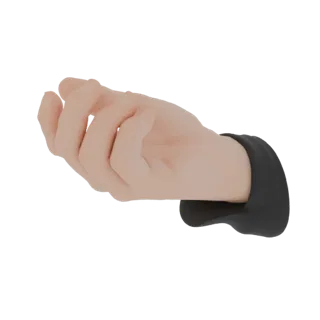 A 3D render of a realistic human hand with detailed skin texture, emerging from a black sleeve.