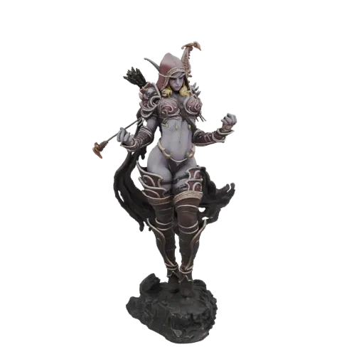 3D model of Sylvanas Windrunner, a female fantasy archer with a bow and arrow, wearing detailed armor and a hood.