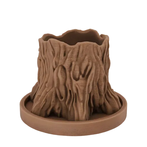 Рендер 3D модели коричневого горшка-пня с детализированной текстурой коры на белом фоне.