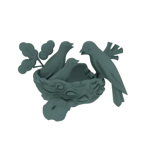 3D модель стилизованного птичьего гнезда с тремя птенцами, с веточкой листьев, в приглушенном бирюзовом цвете.
