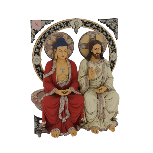 3D модель Будды и Иисуса, сидящих вместе, с ореолами и круглым фоном, символ межконфессиональной гармонии.