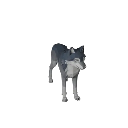 Низкополигональная 3D-модель арктического волка, вид сбоку в игровой камере, низкополигональная модель животного с плоскостям