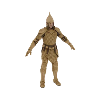 3D модель эльфийского воина в полном богато украшенном доспехе, с чешуйчатой кольчугой, сегментированными наплечниками и остр