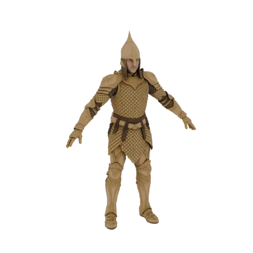 3D модель эльфийского воина в полном богато украшенном доспехе, с чешуйчатой кольчугой, сегментированными наплечниками и остр