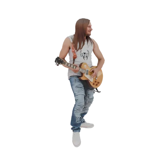 3D-модель мужчины-рок-гитариста с длинными волосами, играющего на электрогитаре, в рваных джинсах.