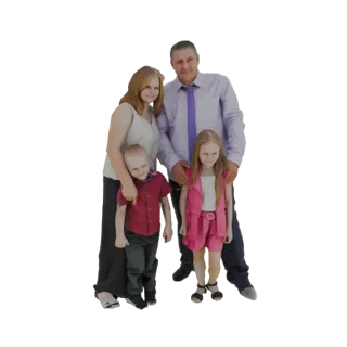 3D model of a family of four: father, mother, son, and daughter, posed for a portrait.