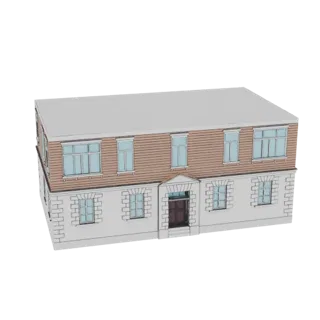 3D модель классического двухэтажного кирпичного здания со светло-серой крышей, коричневой отделкой верхнего этажа и белыми ка