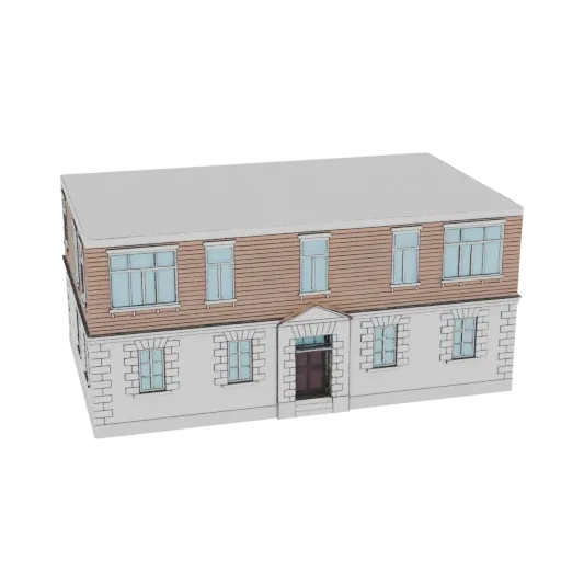 3D модель классического двухэтажного кирпичного здания со светло-серой крышей, коричневой отделкой верхнего этажа и белыми ка