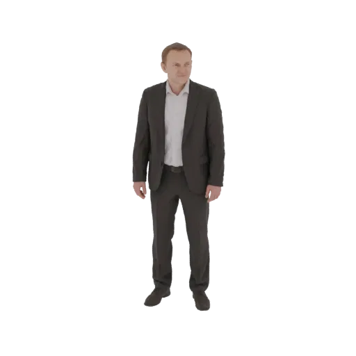 3D модель мужчины в темном костюме, стоящего с руками по швам, смотрящего немного в сторону.