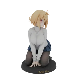 3D модель Сабер Альтер в коленно-локтевой позе со светлыми волосами, красными глазами, в белом водолазке и синей юбке, на чер