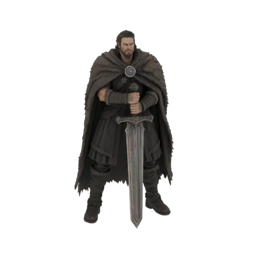 3D модель викинга в меховом плаще с большим мечом, стоящего со скрещенными руками.