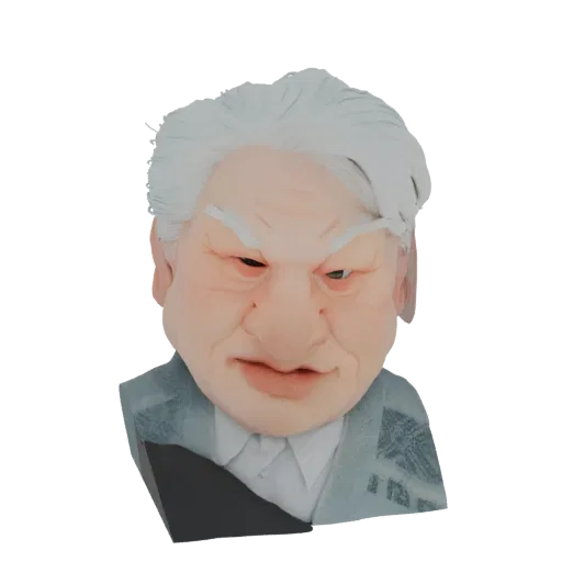 Рендер 3D модели карикатуры пожилого мужчины с седыми волосами, большим носом и в костюме.