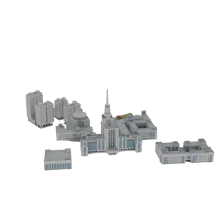 3D-модель современного города с различными зданиями, включая высокие жилые дома и центральный комплекс со шпилем.