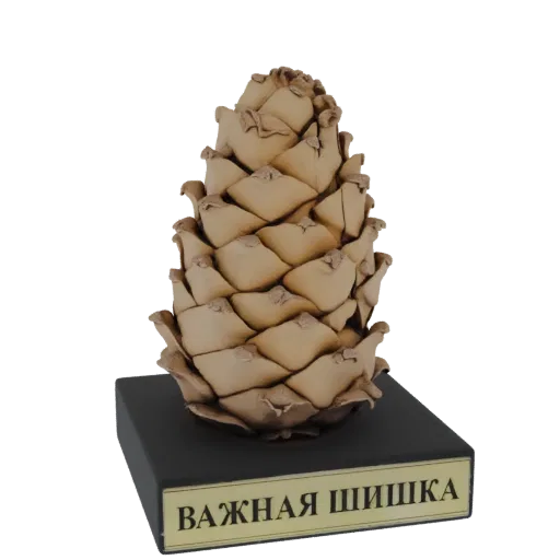 3D модель реалистичной шишки-трофея с золотой табличкой на темной подставке с надписью 'ВАЖНАЯ ШИШКА'.