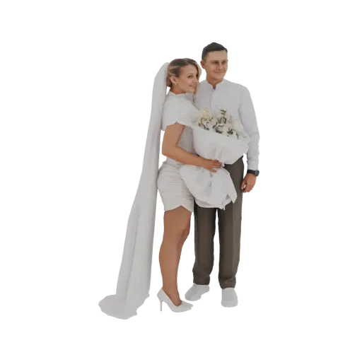 3D модель улыбающейся невесты в белом платье и фате с букетом рядом с женихом в белой рубашке и серых брюках.