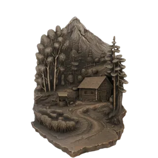 3D модель деревенской горной хижины с овцами, колодцем, деревьями и вершиной, в бронзовой отделке.