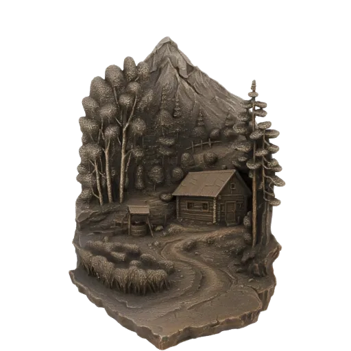 3D модель деревенской горной хижины с овцами, колодцем, деревьями и вершиной, в бронзовой отделке.