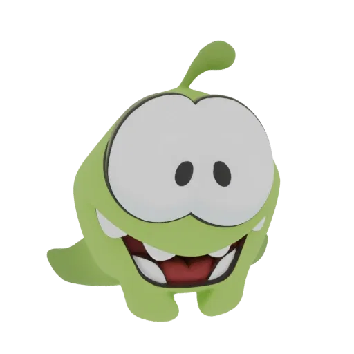 3D-рендер Om Nom, зеленого существа из Cut the Rope, с большими глазами и широкой улыбкой, на белом фоне.