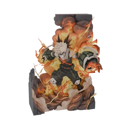 3D модель Кацуки Бакуго из My Hero Academia, в середине взрыва с огненными эффектами и скалистой основой.