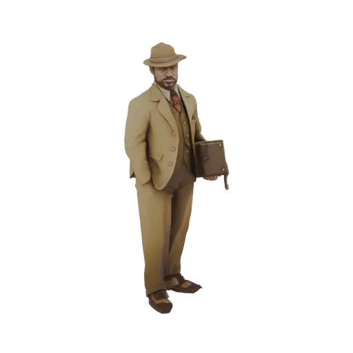 3D модель джентльмена 1920-х в бежевом костюме и федоре, держащего коричневый портфель.