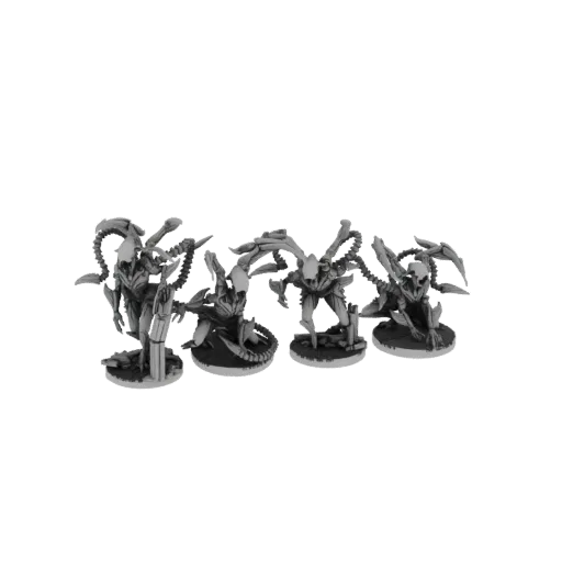 Группа из четырех детализированных 3D моделей угрожающих чужих воинов с острыми, биомеханическими чертами, в боевых позах.